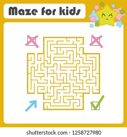 Square color maze. Kids worksheets. Activity page. Game puzzle. Find the right path from the blue arrow to the green check mark. Cute cartoon star. Vector illustration. With place for your image