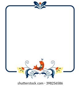 Square colored border frame with doodle flowers and bird. Can be used for decoration and design photo frame, menu, card, scrapbook, album. Vector Illustration