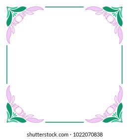 Square colored frame with angular ornament in the form of lilies. Pink flowers and green leaves.