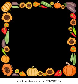 Square colored frame of autumn vegetables and flowers. Vector isolated picture on a black background. The harvest festival.