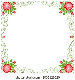 A square colored frame with red roses and green coats and patterns.