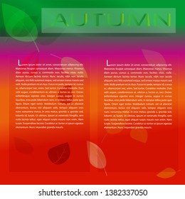 square colored pattern on the theme of autumn. On a multicolored background falling leaves of different shades.  Gradient the inscription the Autumn. Below are two  box placeholder text.