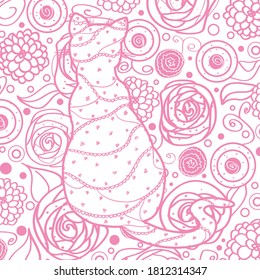 Square colored pattern on white. Hand drawn cat with abstract patterns on isolation background