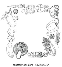Square of colored vegetables.  Fresh food. Pumpkin, Cabbage, Blockley, kohlrabi, cauliflower, Brussels, beets, asparagus, corn, garlic, tomato line drawn on a white background. Vector illustration.