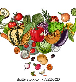Square of colored vegetables.  Fresh food. Pumpkin, Cabbage, Blockley, kohlrabi, cauliflower, Brussels, beets, asparagus, corn, garlic, tomato line drawn on a white 