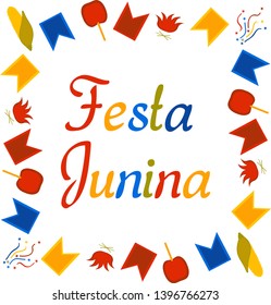 Square colorful banner for Festa Junina. Brazil June Festival. Text surrounded by flags, confetti, corn, caramel apples and bonfires on a white background. Vector.