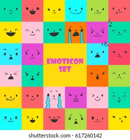 Square colorful emoticons with different emotions, vector set of various hand-drawn cute expressions, EPS 8