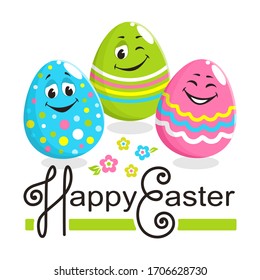 Square colorful greeting card with text: Happy Easter. Three cheerful bright painted egg characters with cute laughing faces. Pink, green and blue colors. Cartoon flat style. Vector illustration.