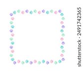 Square colorful pastel animal paw print frame with empty space for your text and images. Cute dog paw prints border. Vector illustration
