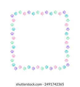 Square colorful pastel animal paw print frame with empty space for your text and images. Cute dog paw prints border. Vector illustration