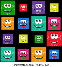 Square colorful smiles with tongue hanging out and a smile, vector set or pattern