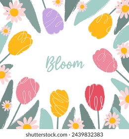 Tarjeta de primavera colorida cuadrada con texto Bloom en estilo dibujado a mano plana. Tulipanes y hojas de color rosa, amarillo, púrpura con garabatos, bordes ásperos para el póster, banner, redes sociales.