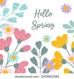 Tarjeta de primavera colorida cuadrada con texto Hola primavera en estilo plano . Resumen dibujado a mano rosa, flores amarillas y hojas con garabatos, bordes ásperos para el cartel, banner, redes sociales.