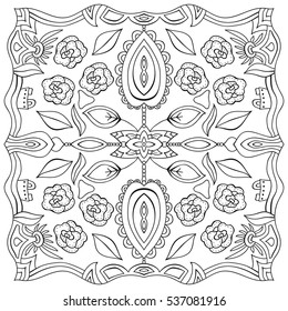 Square coloring page. Book for adults to painting with flowers and leaves