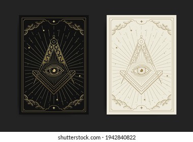 The Square, Compasses dan All-Seeing Eye with engraving, handrawn, luxury, esoteric, boho style, fit for spiritualist, tarot card, astrology or tattoo