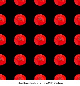 Square composition with abstrct vintage multicolored poppies. Vector seamless pattern with stylized poppies on a black background.