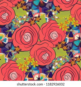 Square composition with abstrct vintage roses. Vector seamless pattern with stylized pink, blue and violet roses.