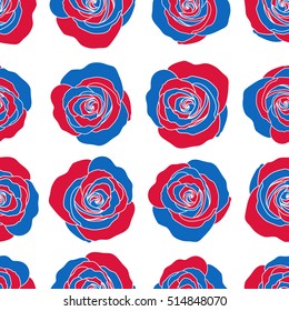 Square composition with abstrct vintage roses. Vector seamless pattern with stylized blue and red roses on a white background.