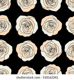 Square composition with abstrct vintage roses. Vector seamless pattern with stylized neutral roses on a black background.