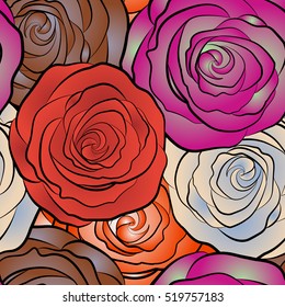 Square composition with abstrct vintage roses. Vector seamless pattern with stylized multicolor roses.