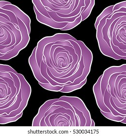 Square composition with abstrct vintage roses. Vector seamless pattern with stylized neutral and purple roses on a black background.