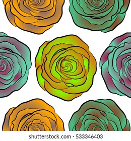 Square composition with abstrct vintage roses. Vector seamless pattern with stylized yellow, green and purple roses on a white background.