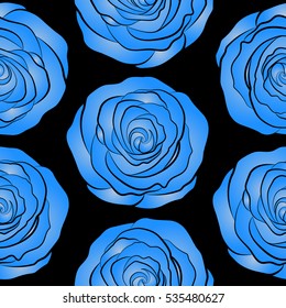 Square composition with abstrct vintage roses. Vector seamless pattern with stylized neutral and blue roses on a black background.