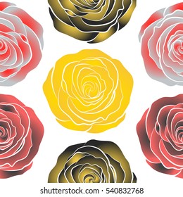 Square composition with abstrct vintage roses. Vector seamless pattern with stylized gray, red and yellow roses on a white background.