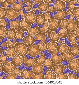 Square composition with abstrct vintage roses. Vector seamless pattern with stylized orange roses.