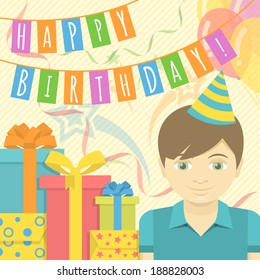 Square composition of birthday greeting for boy with gifts and balloons in flat style