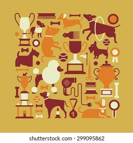 Square composition with dog silhouettes and accessories.