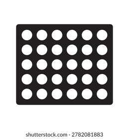 A square composition featuring a black background with a precise grid of evenly spaced white circular cutouts. The pattern consists of five rows and nine columns of identical circles, creating a struc.