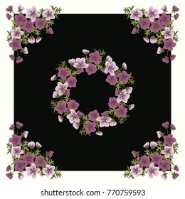 Square composition in flowers of purple ranunculus. Floral vintage enchanting background for scarf print, textile, covers, surface, scrapbooking, decoupage. Bandana, pareo, shawl design.
