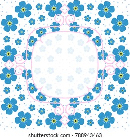 Square composition with forget-me-not flowers. Country style, floral pattern enchanting background for scarf print, textile, covers, surface, decoupage. Design greeting card, template, scrapbooking.