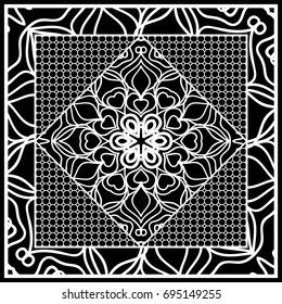 Square composition in geometric Lace Pattern. Floral Mandala Background for Scarf Print, Fabric, Covers, Scrapbooking, Bandana, Pareo, Shawl, Carpet design. Vector Illustration