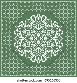 Square composition in geometric Lace Pattern. Floral Mandala Background for Scarf Print, Fabric, Covers, Scrapbooking, Bandana, Pareo, Shawl, Carpet design. Vector Illustration, green color