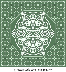 Square composition in geometric Lace Pattern. Floral Mandala Background for Scarf Print, Fabric, Covers, Scrapbooking, Bandana, Pareo, Shawl, Carpet design. Vector Illustration, green color