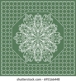 Square composition in geometric Lace Pattern. Floral Mandala Background for Scarf Print, Fabric, Covers, Scrapbooking, Bandana, Pareo, Shawl, Carpet design. Vector Illustration, green color