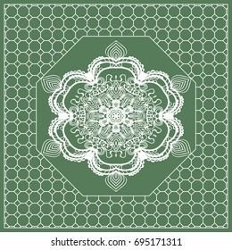 Square composition in geometric Lace Pattern. Floral Mandala Background for Scarf Print, Fabric, Covers, Scrapbooking, Bandana, Pareo, Shawl, Carpet design. Vector Illustration, green color