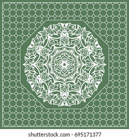 Square composition in geometric Lace Pattern. Floral Mandala Background for Scarf Print, Fabric, Covers, Scrapbooking, Bandana, Pareo, Shawl, Carpet design. Vector Illustration, green color