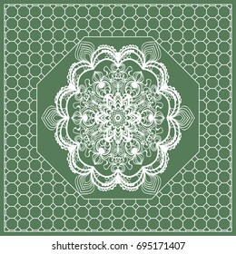 Square composition in geometric Lace Pattern. Floral Mandala Background for Scarf Print, Fabric, Covers, Scrapbooking, Bandana, Pareo, Shawl, Carpet design. Vector Illustration, green color