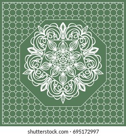 Square composition in geometric Lace Pattern. Floral Mandala Background for Scarf Print, Fabric, Covers, Scrapbooking, Bandana, Pareo, Shawl, Carpet design. Vector Illustration, green color