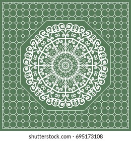 Square composition in geometric Lace Pattern. Floral Mandala Background for Scarf Print, Fabric, Covers, Scrapbooking, Bandana, Pareo, Shawl, Carpet design. Vector Illustration, green color