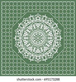 Square composition in geometric Lace Pattern. Floral Mandala Background for Scarf Print, Fabric, Covers, Scrapbooking, Bandana, Pareo, Shawl, Carpet design. Vector Illustration, green color