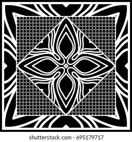 Square composition in geometric Lace Pattern. Floral Mandala Background for Scarf Print, Fabric, Covers, Scrapbooking, Bandana, Pareo, Shawl, Carpet design. Vector Illustration
