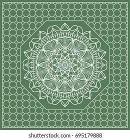 Square composition in geometric Lace Pattern. Floral Mandala Background for Scarf Print, Fabric, Covers, Scrapbooking, Bandana, Pareo, Shawl, Carpet design. Vector Illustration, green color