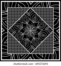 Square composition in geometric Lace Pattern. Floral Mandala Background for Scarf Print, Fabric, Covers, Scrapbooking, Bandana, Pareo, Shawl, Carpet design. Vector Illustration