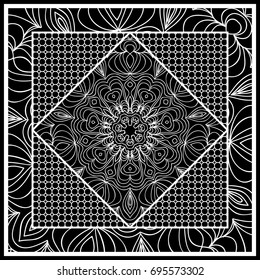 Square composition in geometric Lace Pattern. Floral Mandala Background for Scarf Print, Fabric, Covers, Scrapbooking, Bandana, Pareo, Shawl, Carpet design. Vector Illustration