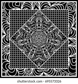 Square composition in geometric Lace Pattern. Floral Mandala Background for Scarf Print, Fabric, Covers, Scrapbooking, Bandana, Pareo, Shawl, Carpet design. Vector Illustration