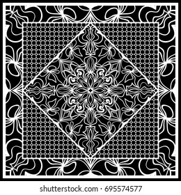 Square composition in geometric Lace Pattern. Floral Mandala Background for Scarf Print, Fabric, Covers, Scrapbooking, Bandana, Pareo, Shawl, Carpet design. Vector Illustration